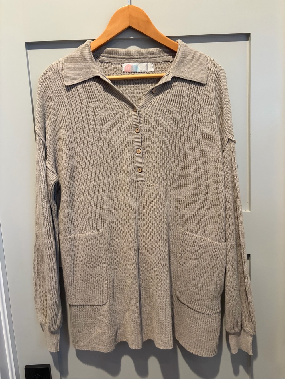 Free People (FP Beach) Collared Ribbed Tunic Sweater in Taupe